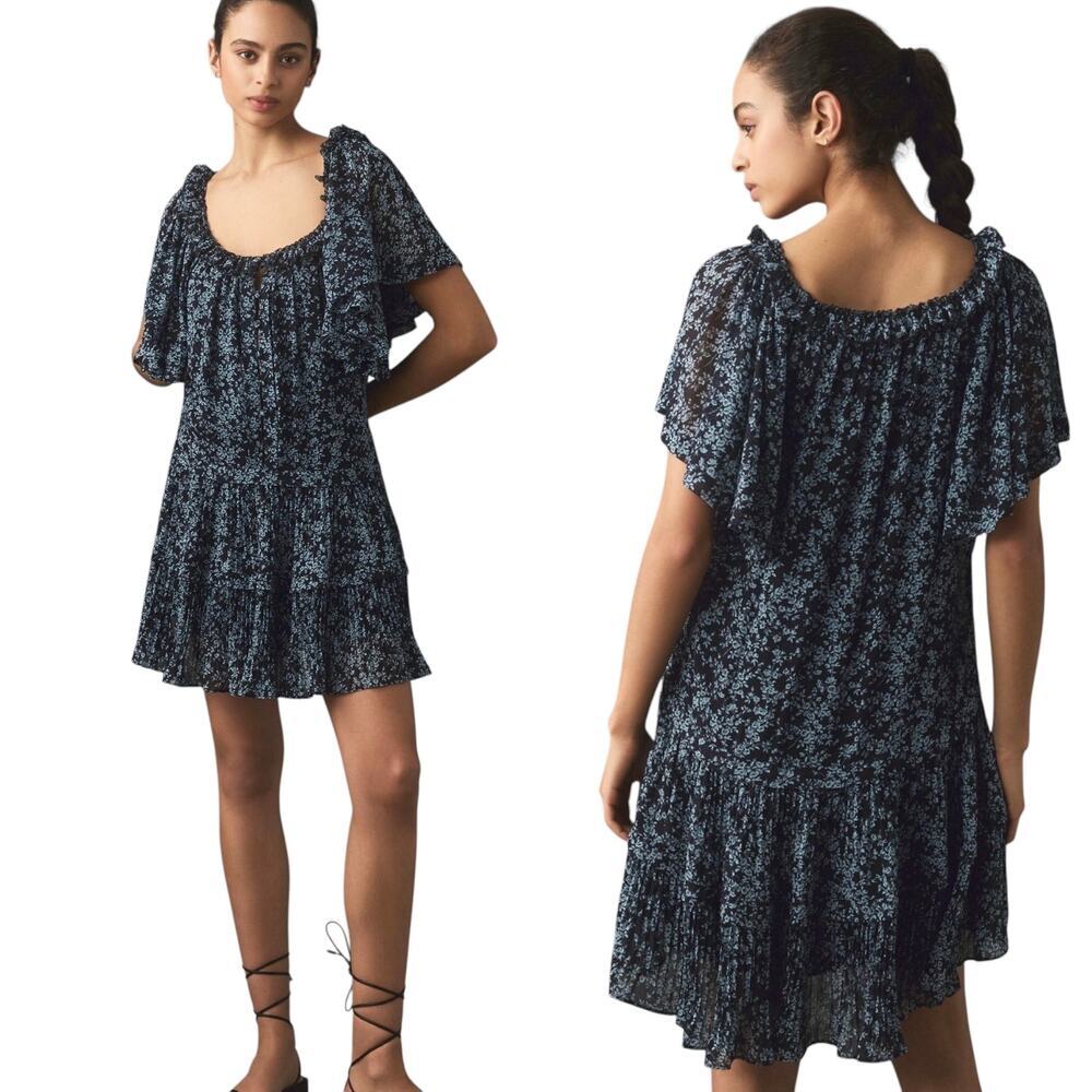 by Anthropologie Short-Sleeve Keyhole Swing Tunic Mini Dress in Blue size Large